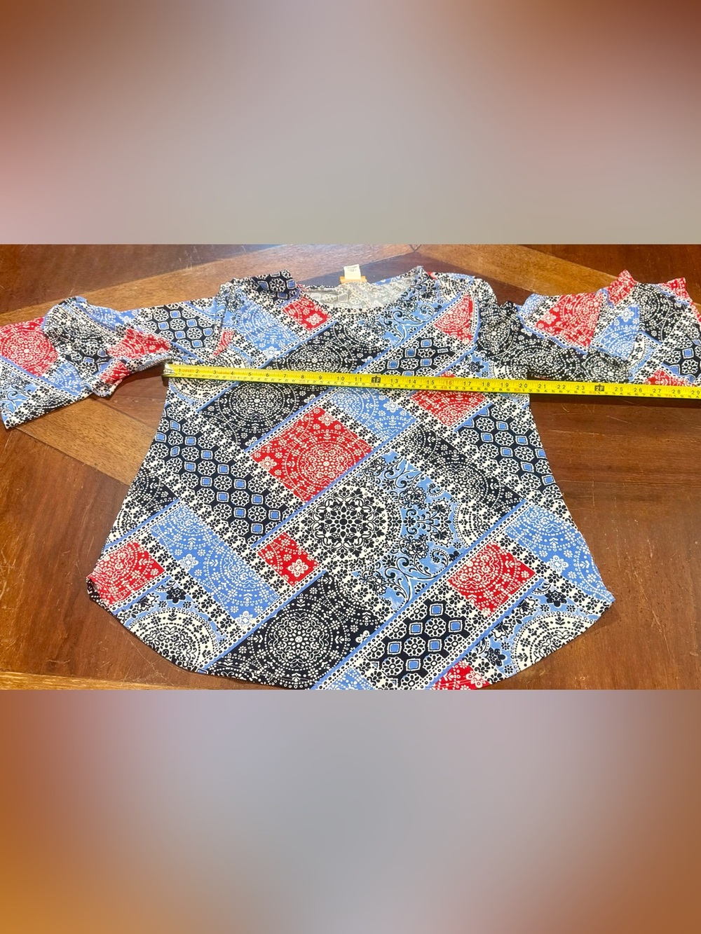 Ruby Rd. Red White Blue Patchwork Double Ruffle Sleeve Textured Top M - Picture 8 of 11
